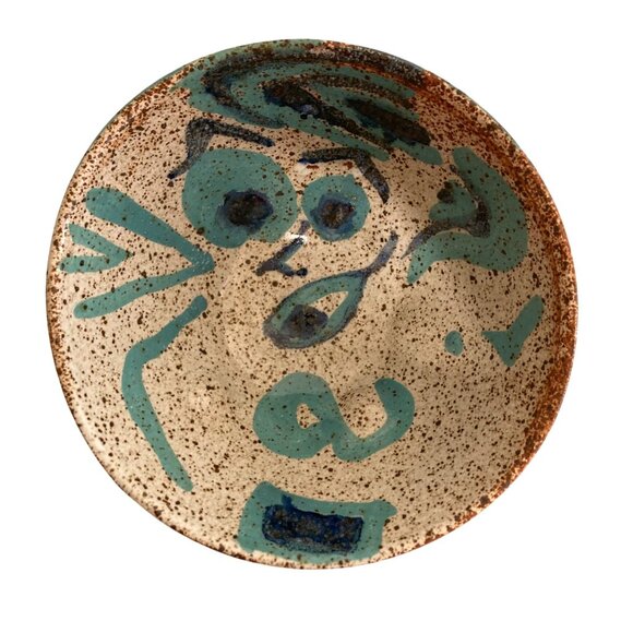 Whimsical Art Pottery Bowl With Abstract Illustrated Face - Picture 1 of 8